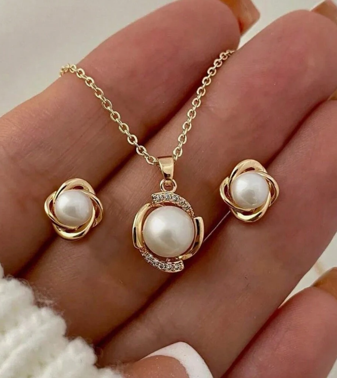 Bow & Faux Pearl Jewelry Set (3pcs)