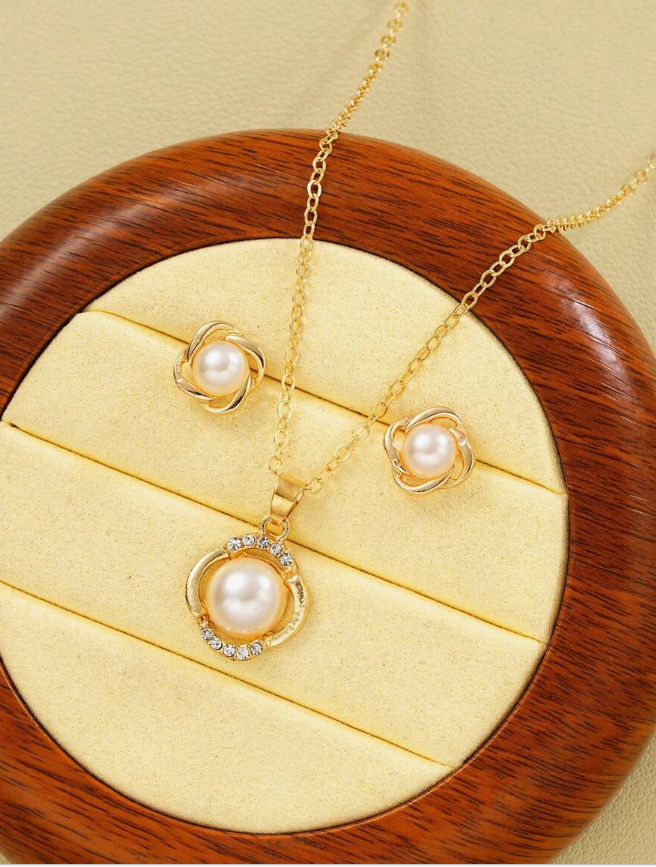 Bow & Faux Pearl Jewelry Set (3pcs)