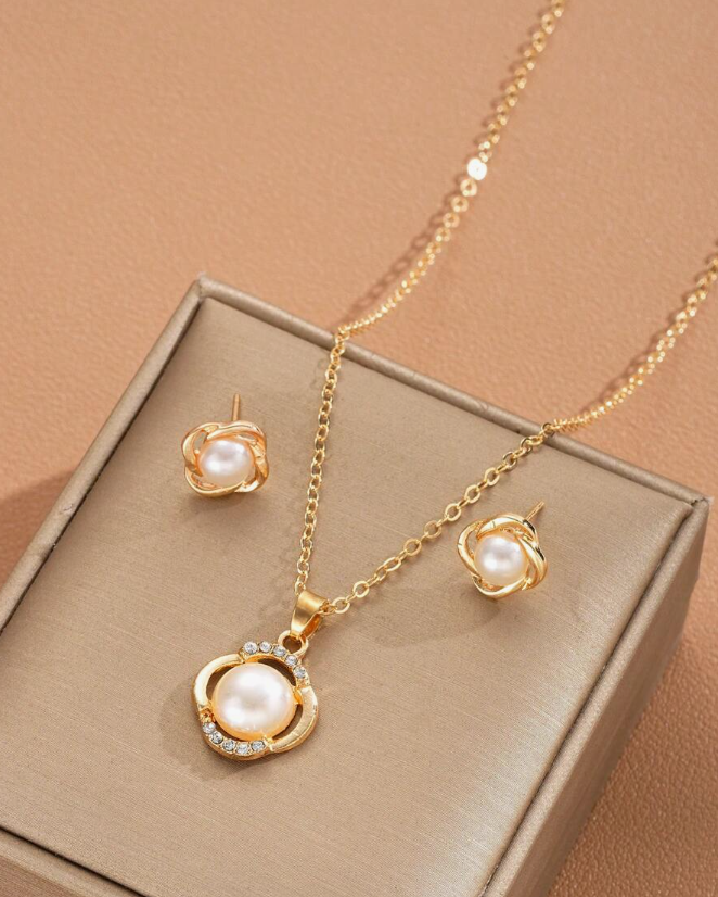 Bow & Faux Pearl Jewelry Set (3pcs)