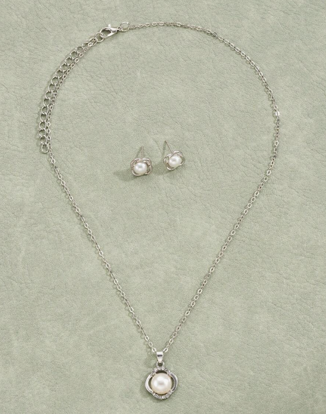 Bow & Faux Pearl Jewelry Set (3pcs)